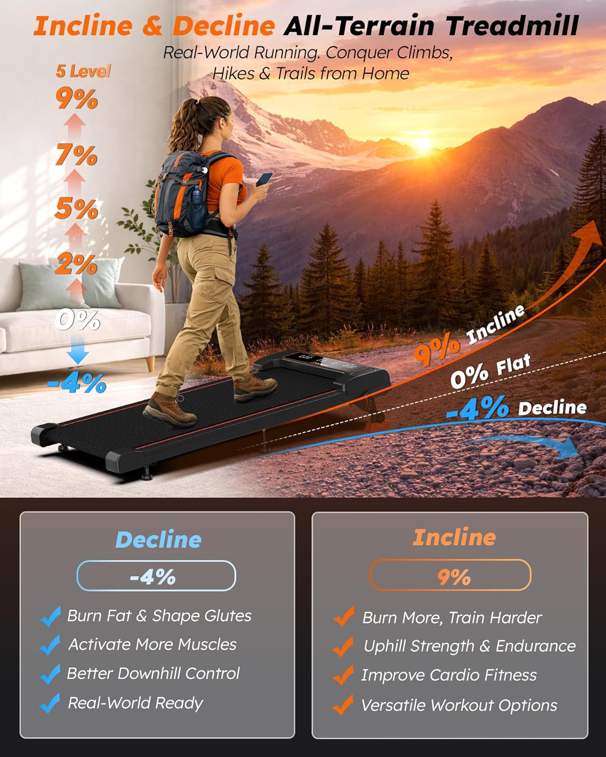Walking Pad Treadmill with Incline 9% & Decline -4%
