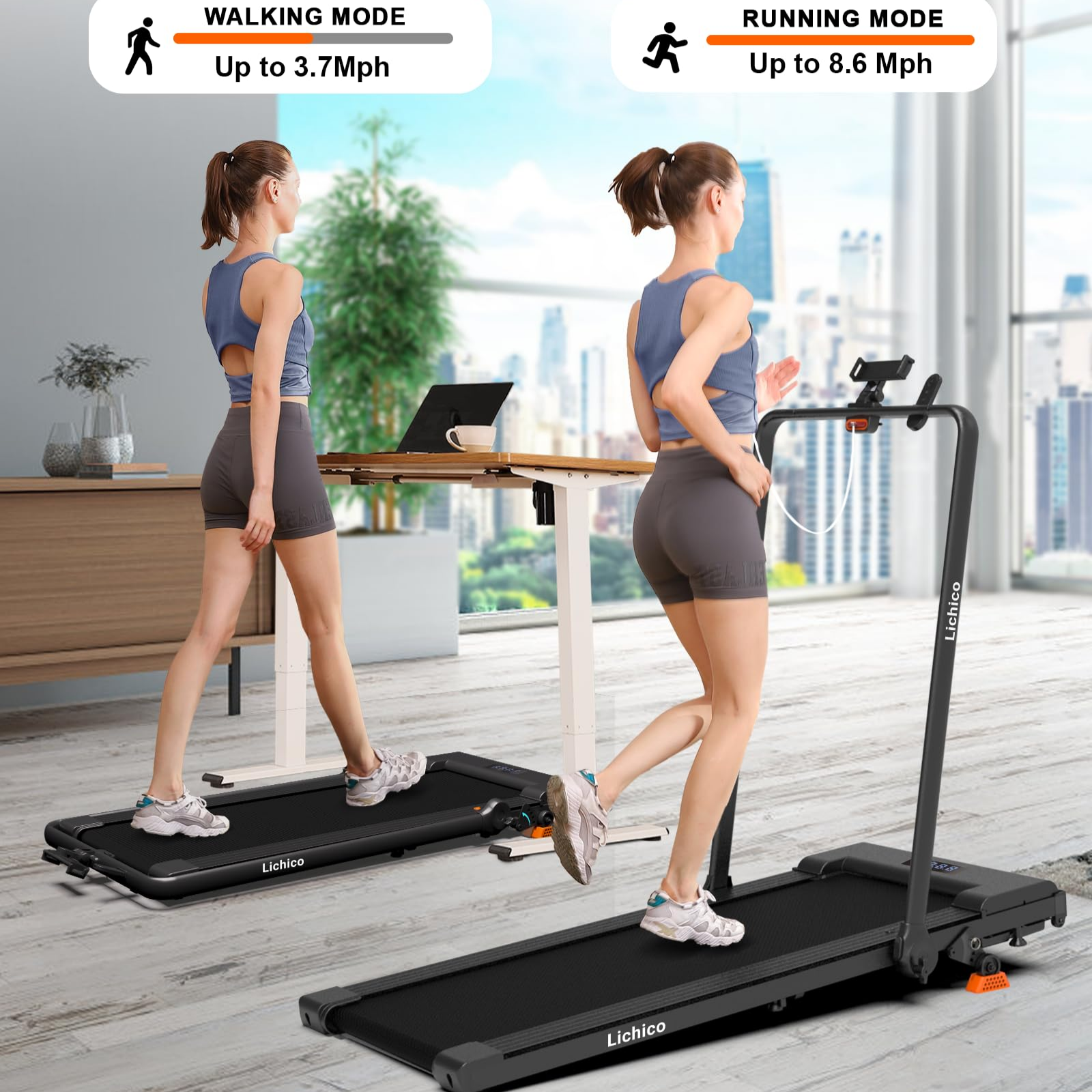 Woman using a Lichoo treadmill in a home office setting with a cityscape view.